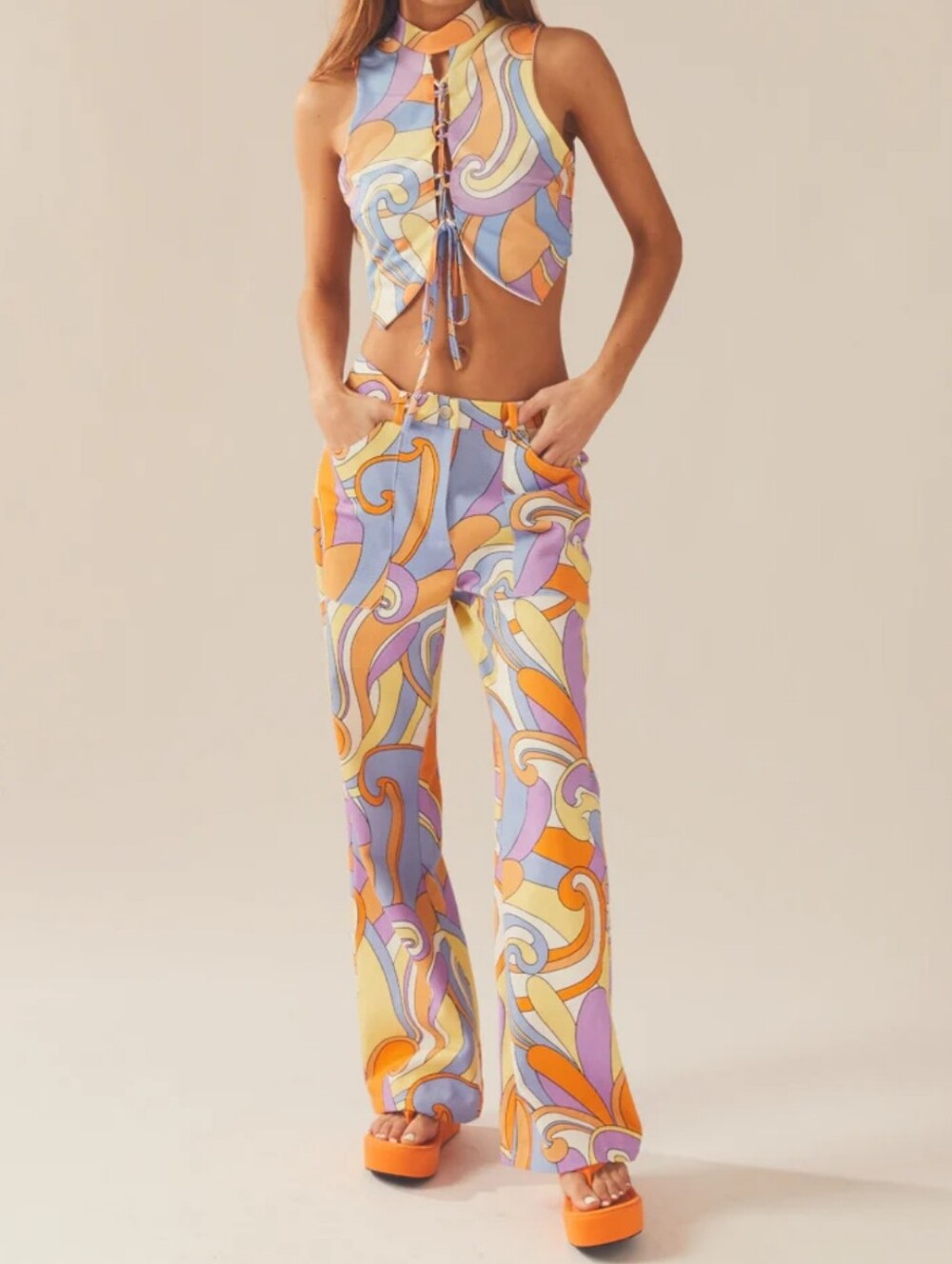 Peppermayo Paisley Evie Orange Lavender & Yellow Retro Swirl Wide Leg Pants 8